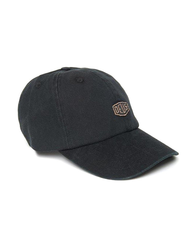 Black 6 panel dad cap with front shield badge and self fabric adjuster, 100%  cotton twill with a heavy garment wash